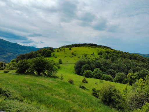 A beautiful shot of green fields and mountains against a blue cloudy sky