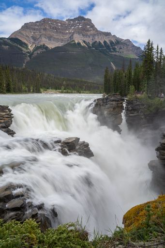 A long exposure shot of the Athabasca falls in Jasper National Park, Canada