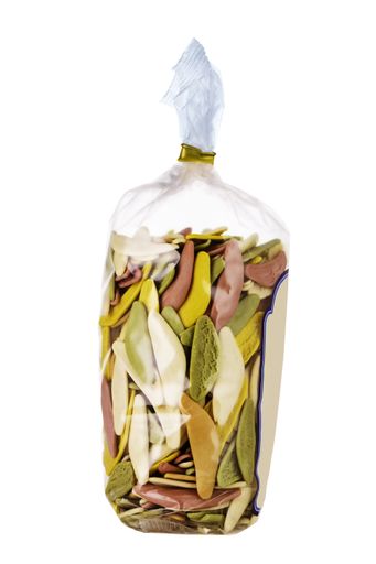 A closeup of colorful dry olive leaf pasta in a plastic bag
