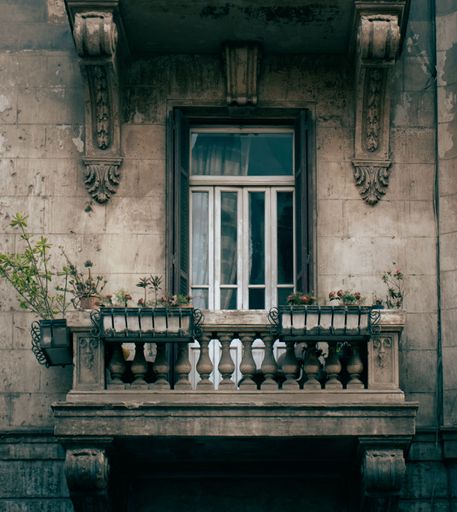 An old balcony decorated with plants and flowers captured in Cairo, Egypt