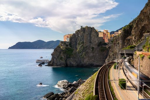 A natural view of the coastal railroad and island in Corniglia, Cinque Terre, Italy