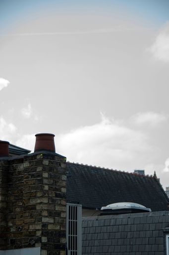 A vertical closeup shot of the chimney of a house with a plant pot on it