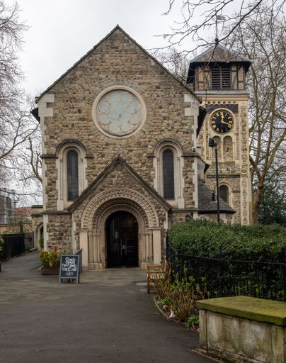 A vertical shot of the St Pancras Old Church just behind the station