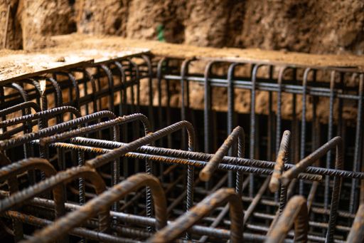 Detail of reinforcement cage in basement construction ahead of concrete placement