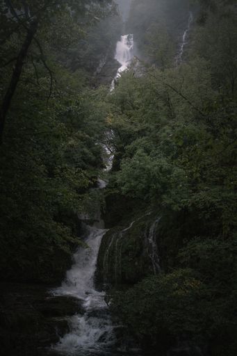 A Misty view of a waterfall flowing between green trees and plants, vertical shot