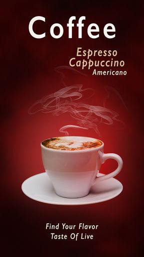 A vertical poster with a cup of hot coffee on a red background