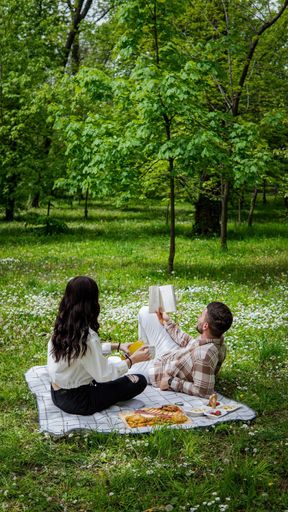 A vertical shot of a couple enjoying themselves on the blanket in the park