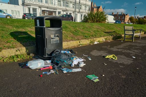 A high-angle view of Rubbish that has been taken out of a litter bin
