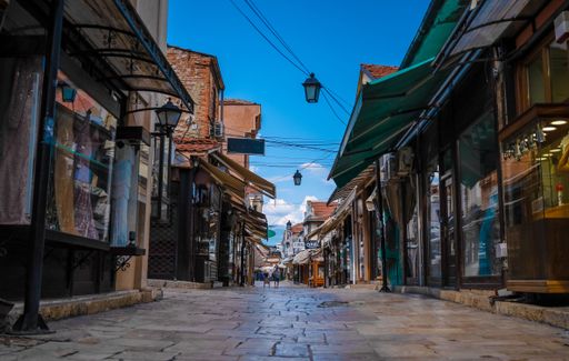 A beautiful view of traditional stores at the Old Bazaar market in Skopje, Macedonia