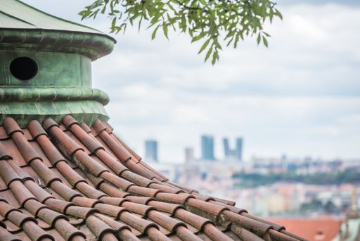A selective of roof tiles of an old building against the blurred city