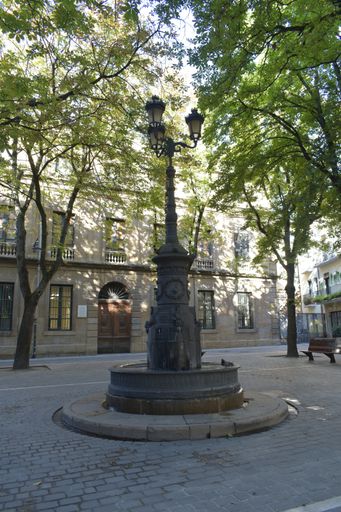 A vertical shot of a street lamp with a fountain