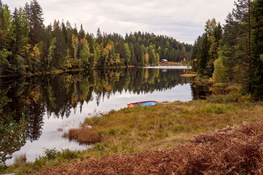Autumn landscape with small lake Kroderen with wooden boat and cabin surrounded by colorful dense trees in Norway