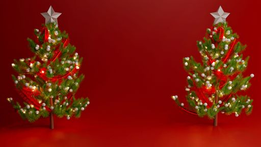 Two illustrated decorated Christmas trees on a red background