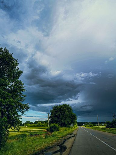 A vertical shot of asphalt country road through lush green fields under blue cloudy sky
