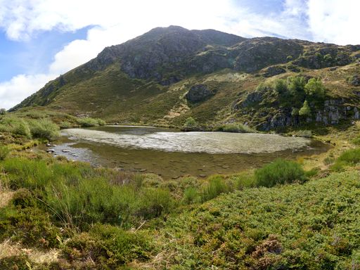 A small dirty pond surrounded by hills covered in greenery under the sunlight in Asturias, Spain