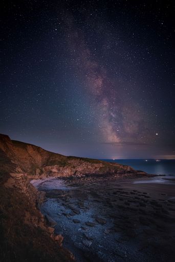 A vertical shot of a landscape under the starry sky at night