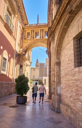 A vertical shot of tourists walking near the Valencia Cathedral corridor