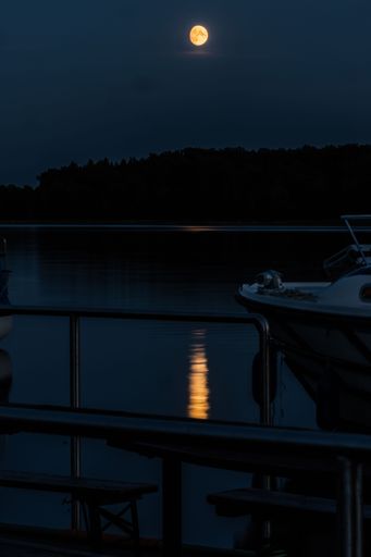 A vertical shot of the full Moon reflecting on the surface of the lake