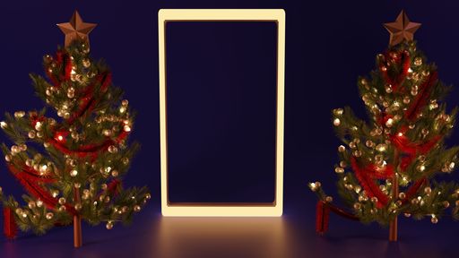 Two illustrated decorated Christmas trees on a dark blue background and square light