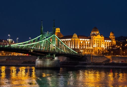 A night view of the Liberty Bridge over Danube river in Budapest, Hungary