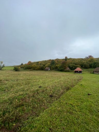A vertical shot of rural wooden cottages in a large green field in Sjenica, Serbia