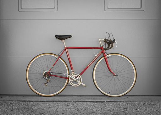A Schwinn Bike leaning against garage door wall