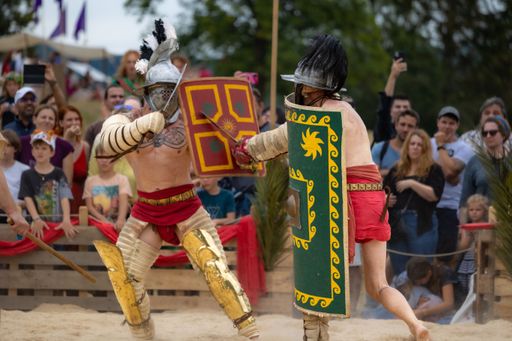 Two gladiators fighting to the death during the Roman festival in Augusta Raurica