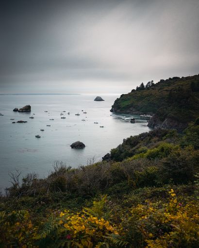 A beautiful view of College Cove against a cloudy sky in Trinidad, California, USA