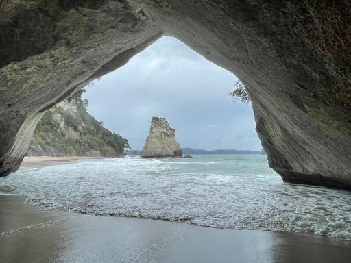 A beautiful view from the cave at Cathedral Cove in New Zealand