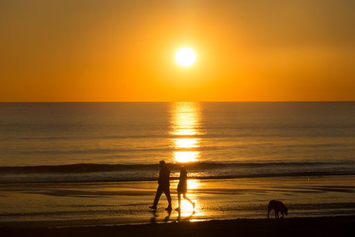 A beautiful view of a couple walking alongside the shore on a golden sunset sky background