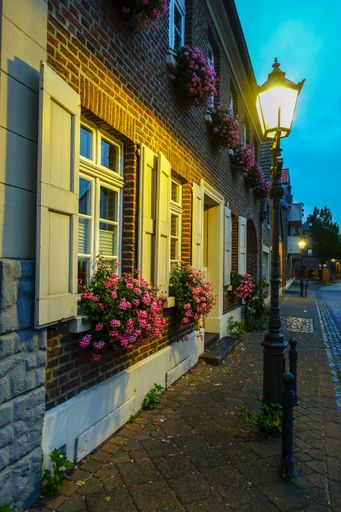 A vertical shot of the pavement surrounded by buildings and lamps in the evening