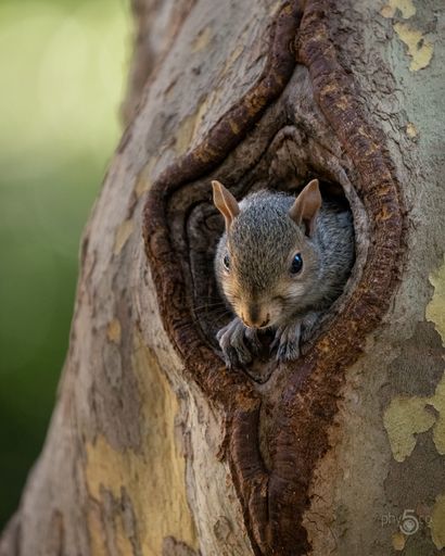 A vertical closeup shot of a cute squirrel looking out of a hole in a tree