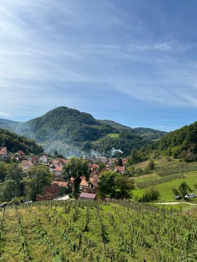 A vertical shot of a town in a valley surrounded by beautiful mountains