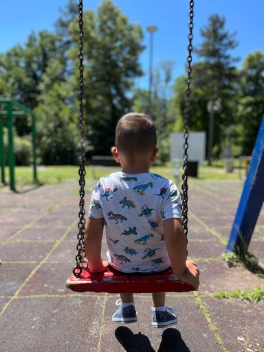 A vertical back view of a little boy sitting on a swing