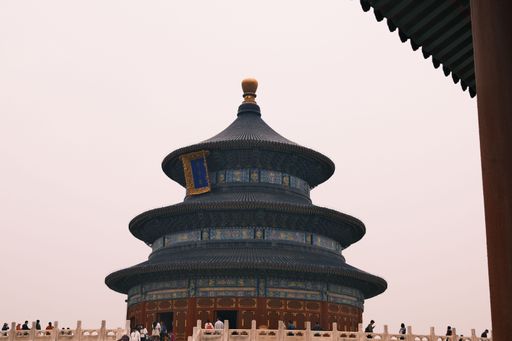 A low-angle closeup of the Temple of Heaven dome with sky in the background