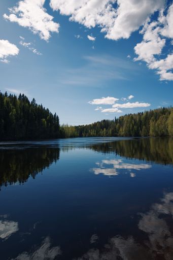 A beautiful view of fir trees redlecting on the blue lake in Mikkeli, Finland, vertical shot
