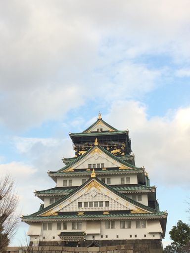 A vertical low-angle view of the Osaka Castle building under the cloudy sky