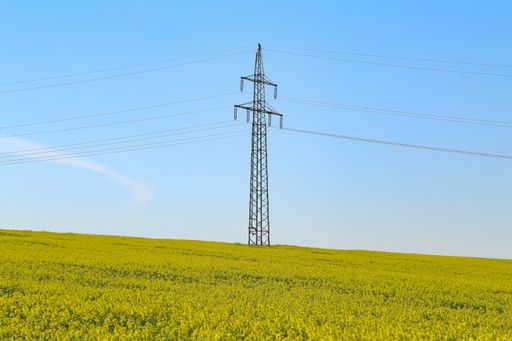 A beautiful shot of an electrical pylon tower in the middle of a meadow
