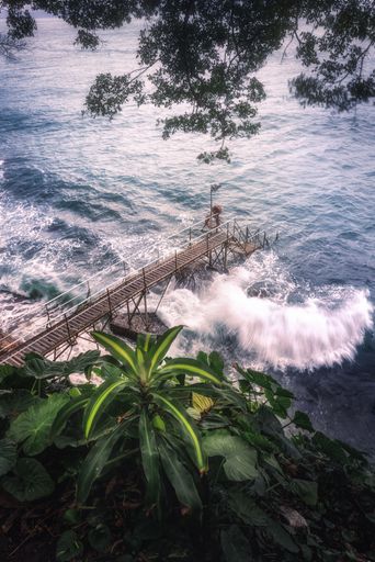 A vertical shot of a pathway to the wavy ocean