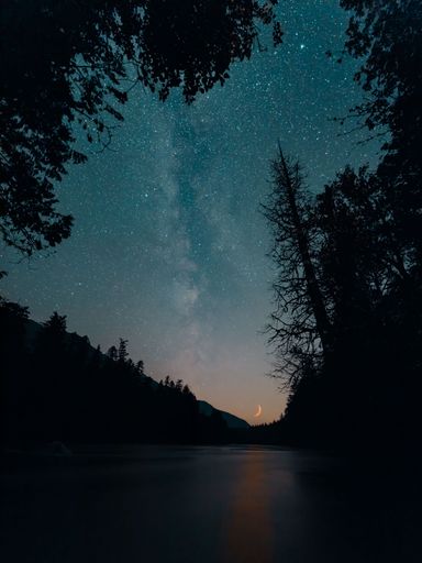 A vertical shot of the starry sky with the spooky crescent of the moon from Smokey Point, Washington