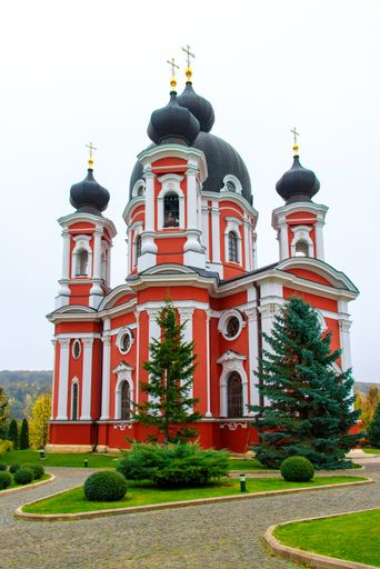 A vertical low angle shot of the famous Curchi Monastery in Moldova