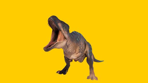 A roaring Acrocanthosaurus dinosaur figure isolated on a yellow background