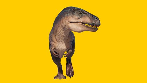A roaring Acrocanthosaurus dinosaur figure isolated on a yellow background