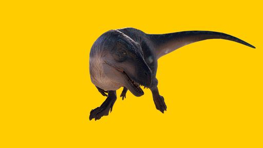 A roaring Acrocanthosaurus dinosaur figure isolated on a yellow background