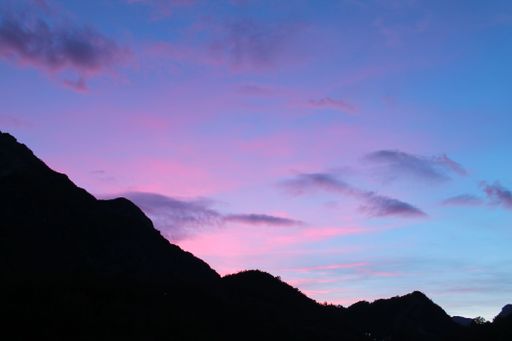 The silhouette of a hill and forest at sunset with pink sky, copy space