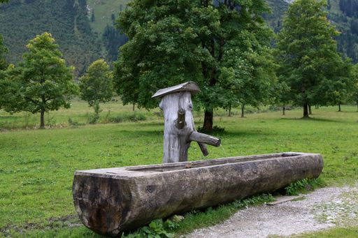 A closeup shot of well and water trough made out of tree trunk in the alps