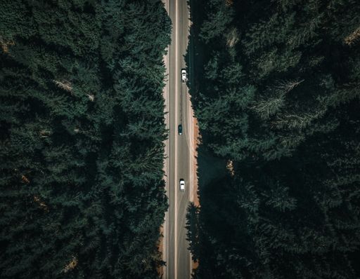 An aerial top view of cars driving on a highway through a forest