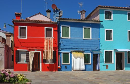 Typical brightly coloured/colored houses on Burano Island, Venice, Italy, on June 19, 2018.