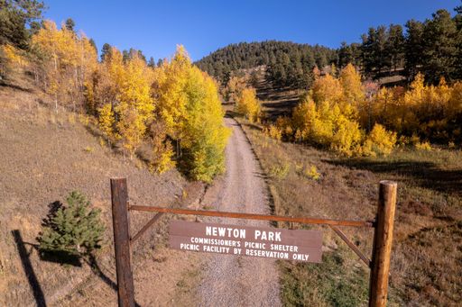 The Newton Park sign in Conifer, Colorado during an autumn morning with yellow and orange trees
