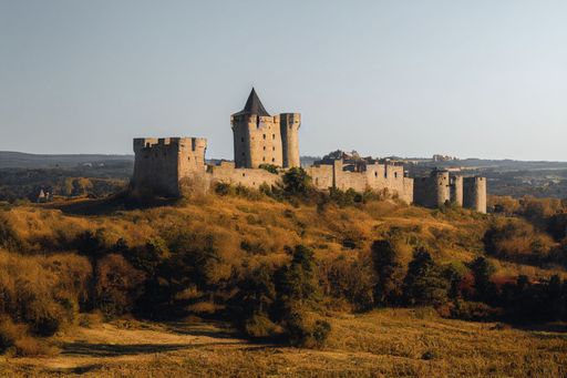 A scenic view of an old medieval castle on a hill on a beautiful autumn day